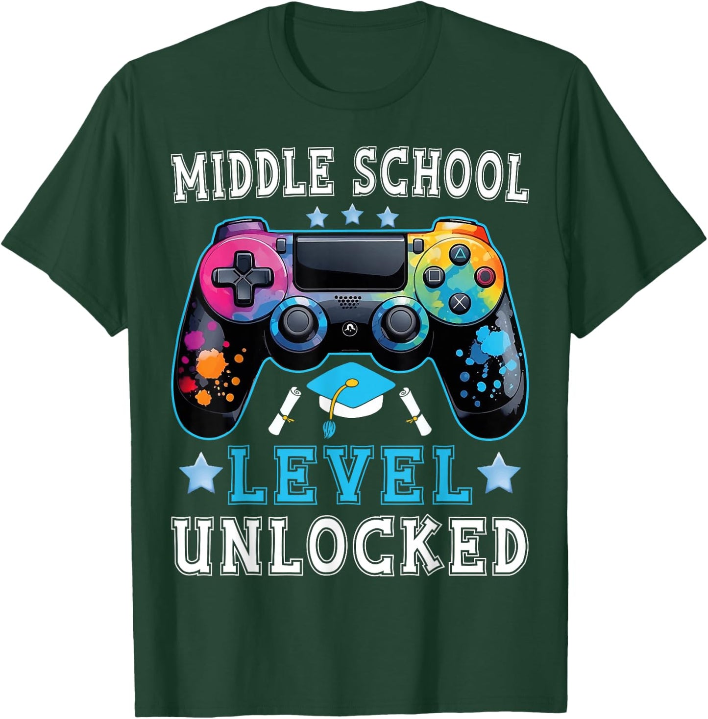 Middle School Level Unlocked Gamer First Day Back To School T-Shirt - T-Shirt | Forest