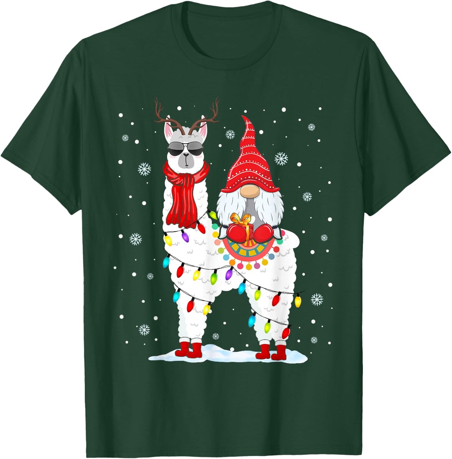 Santa Gnomes Riding Llama Reindeer Christmas Lights T-Shirt - T-Shirt | Forest