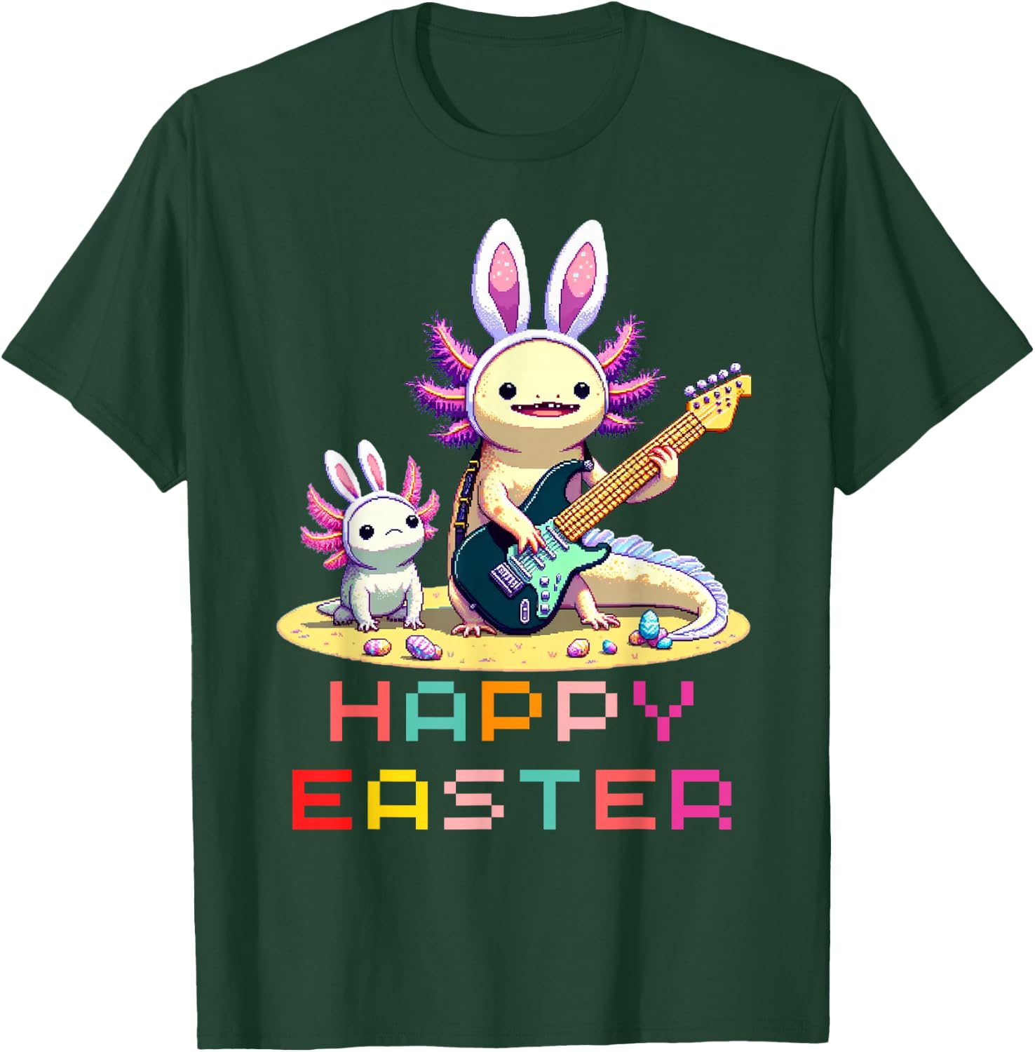 Axolotl Happy Easter EggsRetro Vintage Pixel Art Rock Guitar T-Shirt - T-Shirt | Forest