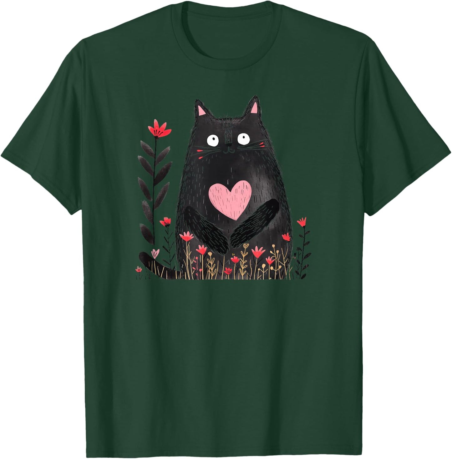 Cute Black Cat Heart Flowers Love Valentine Pink Red Top Women Kids T-Shirt - T-Shirt | Forest