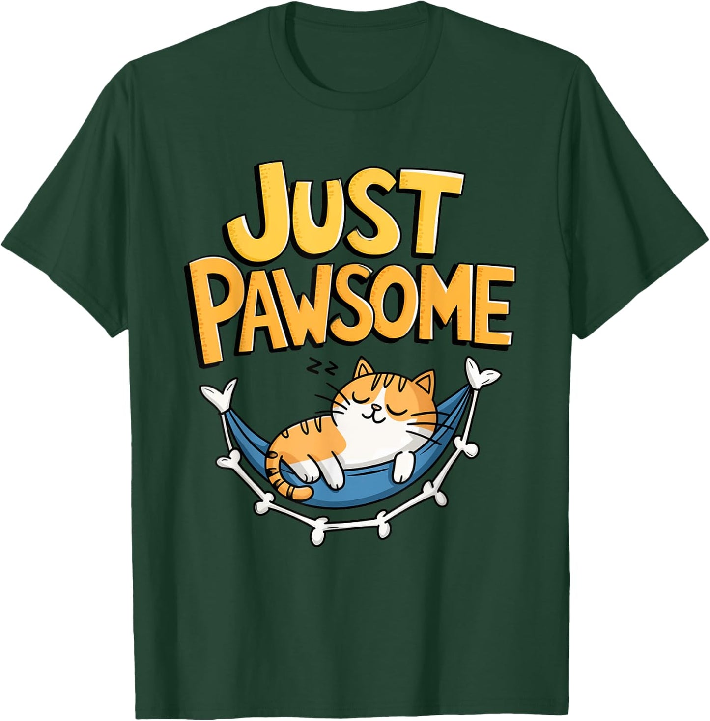 Cartoon Cat Lounging in Hammock Pawsome T-Shirt - T-Shirt | Forest