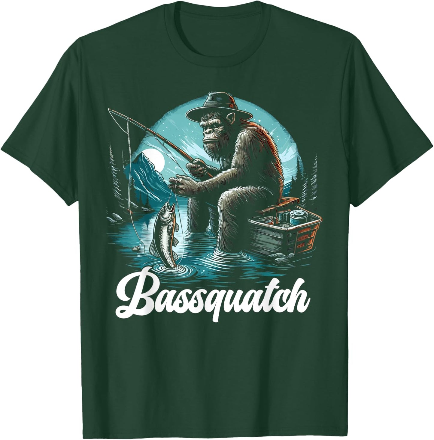 Bassquatch! Funny Bass Fishing Sasquatch Retro 80s Fisherman T-Shirt - T-Shirt | Forest