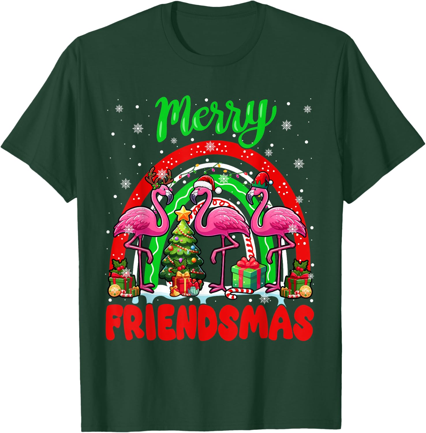 Merry Christmas Friends Three Santa Flamingos Rainbow T-Shirt - T-Shirt | Forest
