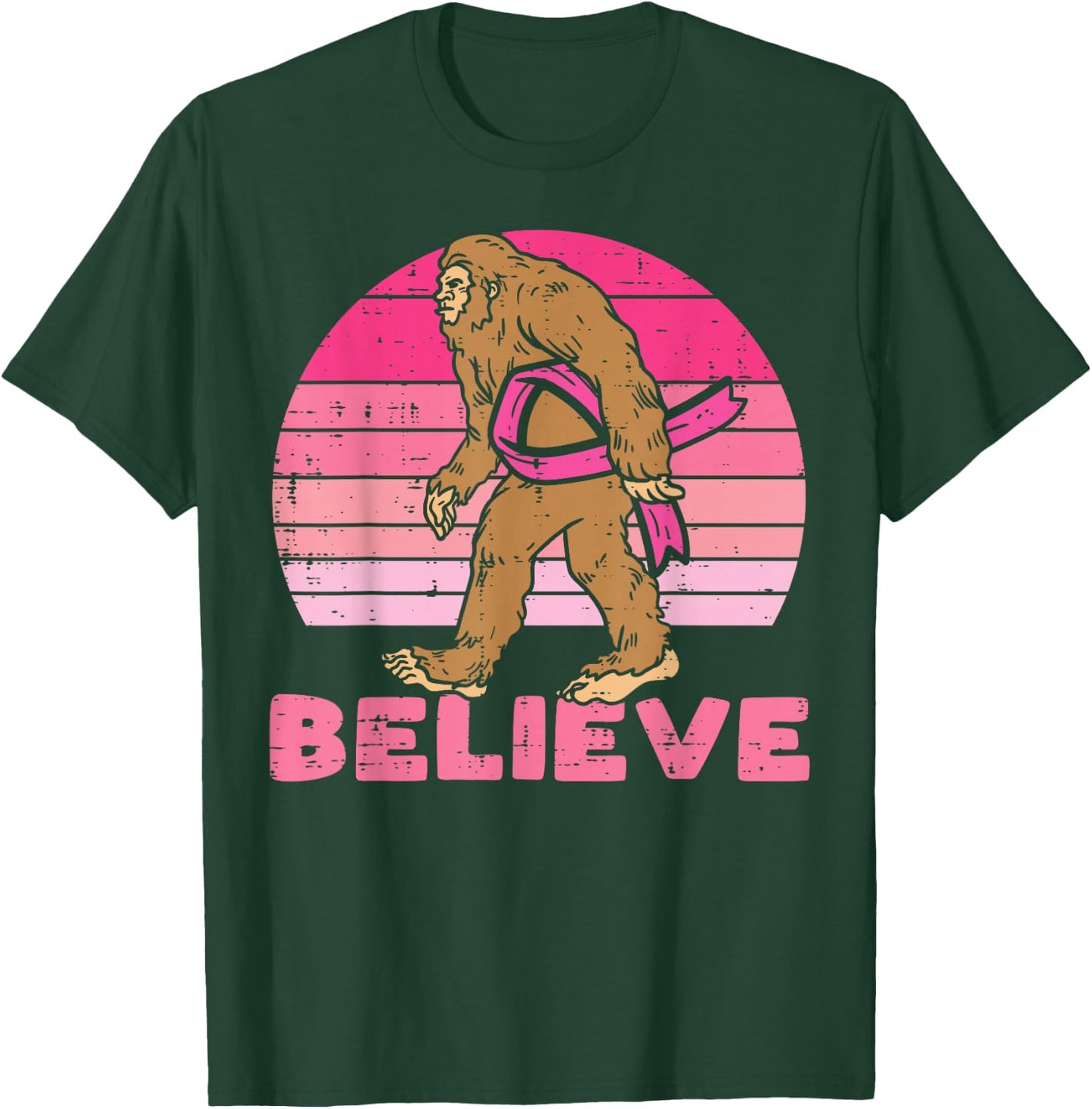 Bigfoot Sasquatch Ribbon Believe Breast Cancer Awareness T-Shirt - T-Shirt | Forest