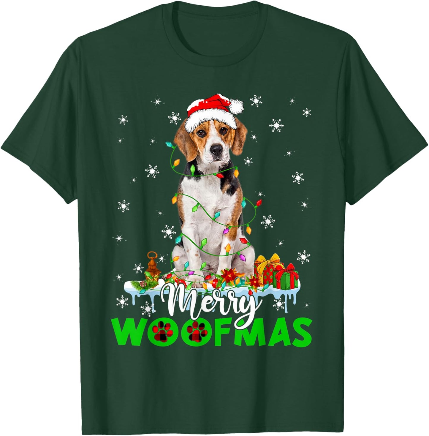Beagle Dog Merry Woofmas Funny Xmas Lights Santa Hat T-Shirt - T-Shirt | Forest
