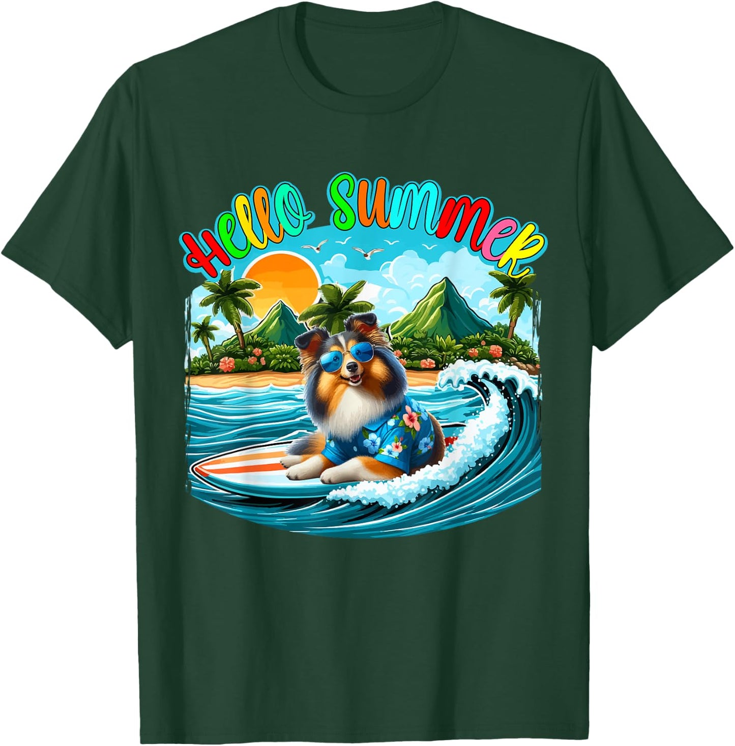 Summer Costume Sheltie Sunglasses Surfing On Beach Surfer Women Kids T-Shirt - T-Shirt | Forest