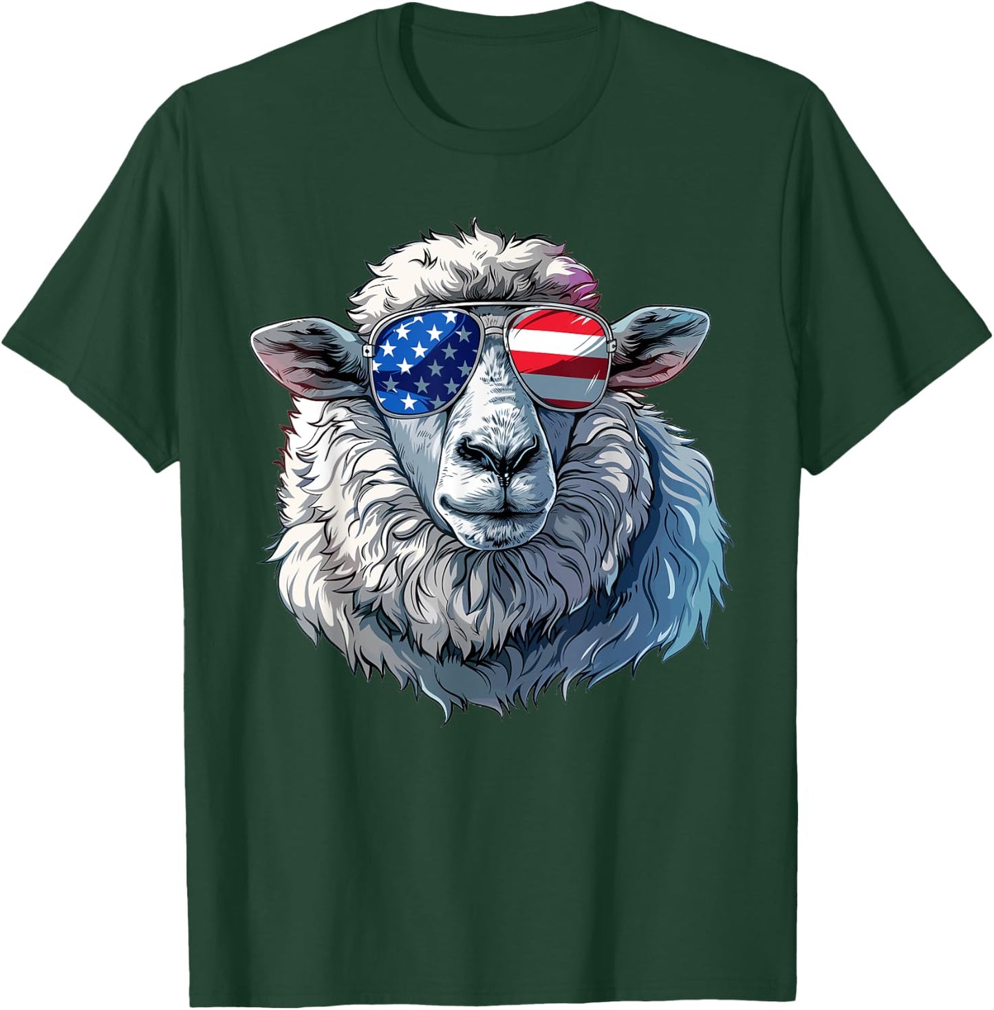 Sheep American Flag Funny Sheep Lovers Mom Dad 4th of July Women Girls Kids Men T-Shirt - T-Shirt | Forest