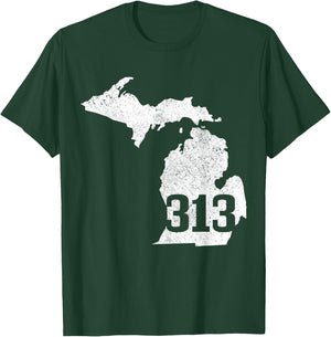 Detroit 313 Area Code Michigan Map State Sentiment Vintage T-Shirt - T-Shirt | Forest