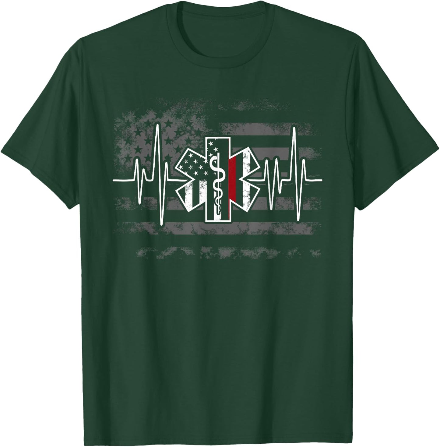 Firefighter EMS Heartbeat EKG Pulse Fireman American Flag T-Shirt - T-Shirt | Forest