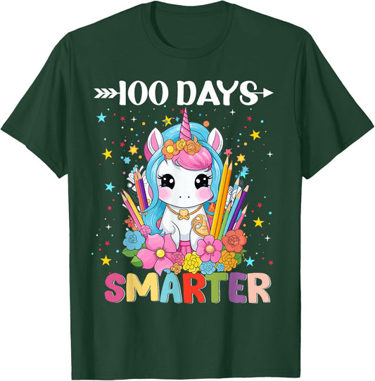 100 Days Smarter Happy 100th Day Of School Unicorn Girls T-Shirt - T-Shirt | Forest
