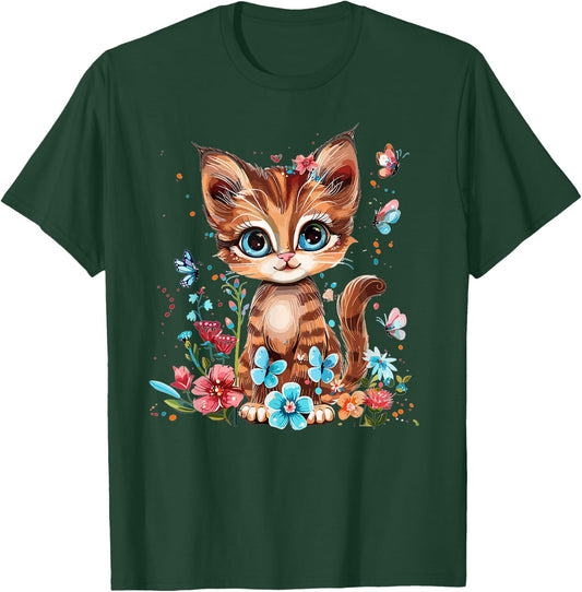 Cute Cat With Flowers I Kids Cat T-Shirt - T-Shirt | Forest