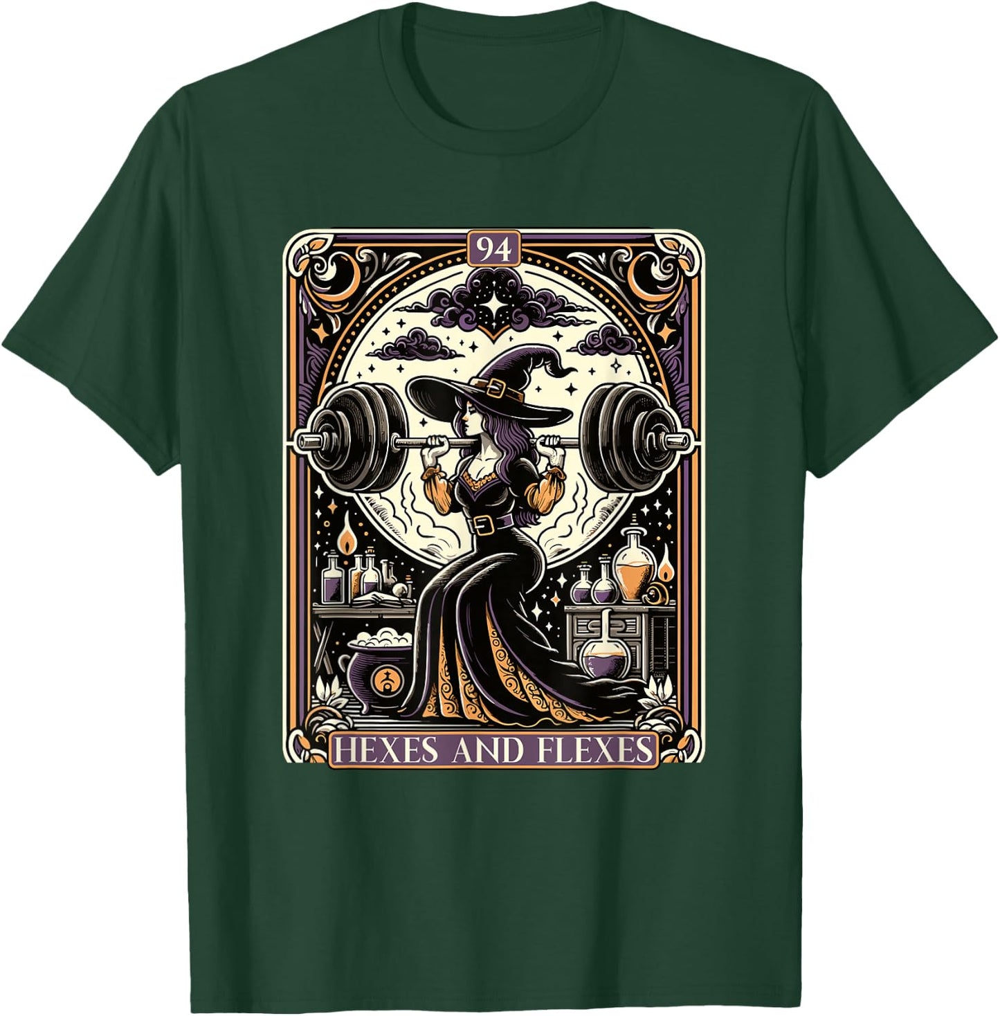 Witch Workout Fitness Deadlifting Hexes Flexes Tarot Card T-Shirt - T-Shirt | Forest