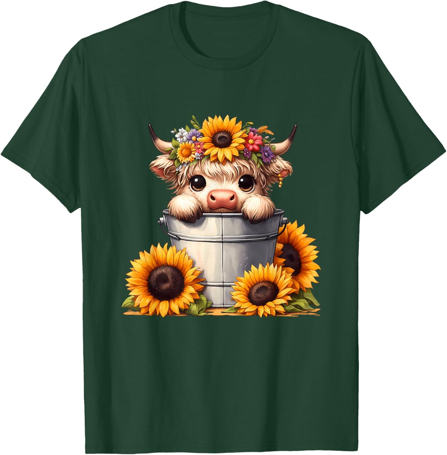 Cute Baby Highland Cow with Sunflowers in Bucket, Calf T-Shirt - T-Shirt | Forest