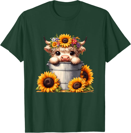 Cute Baby Highland Cow with Sunflowers in Bucket, Calf T-Shirt - T-Shirt | Forest