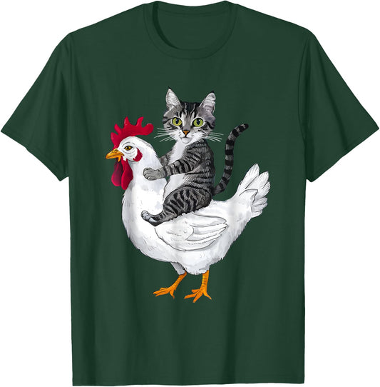 Funny Cat Riding Chicken Women Girls Kids T-Shirt - T-Shirt | Forest