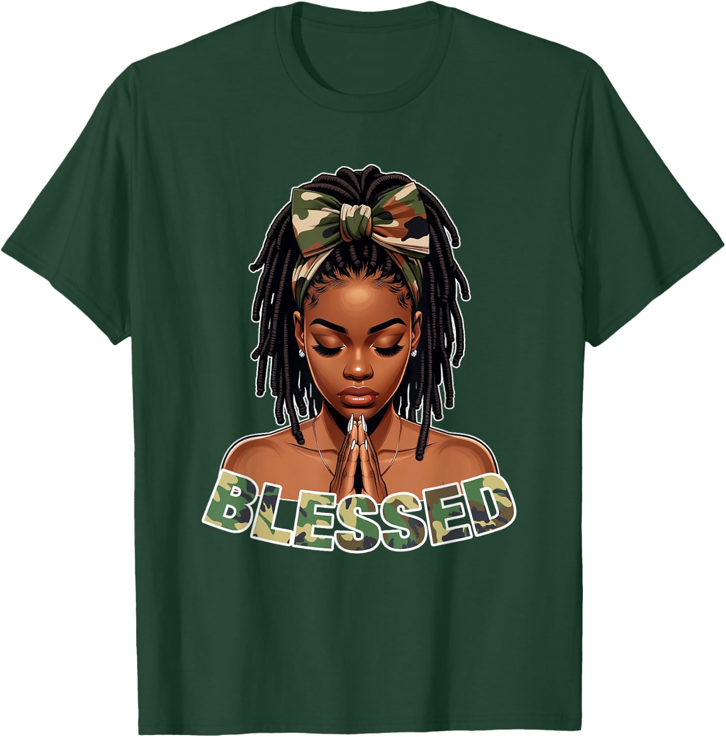 Praying Young Black Girl With Braids Locs Blessed Camo T-Shirt - T-Shirt | Forest