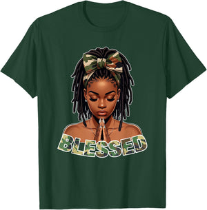 Praying Young Black Girl With Braids Locs Blessed Camo T-Shirt - T-Shirt | Forest
