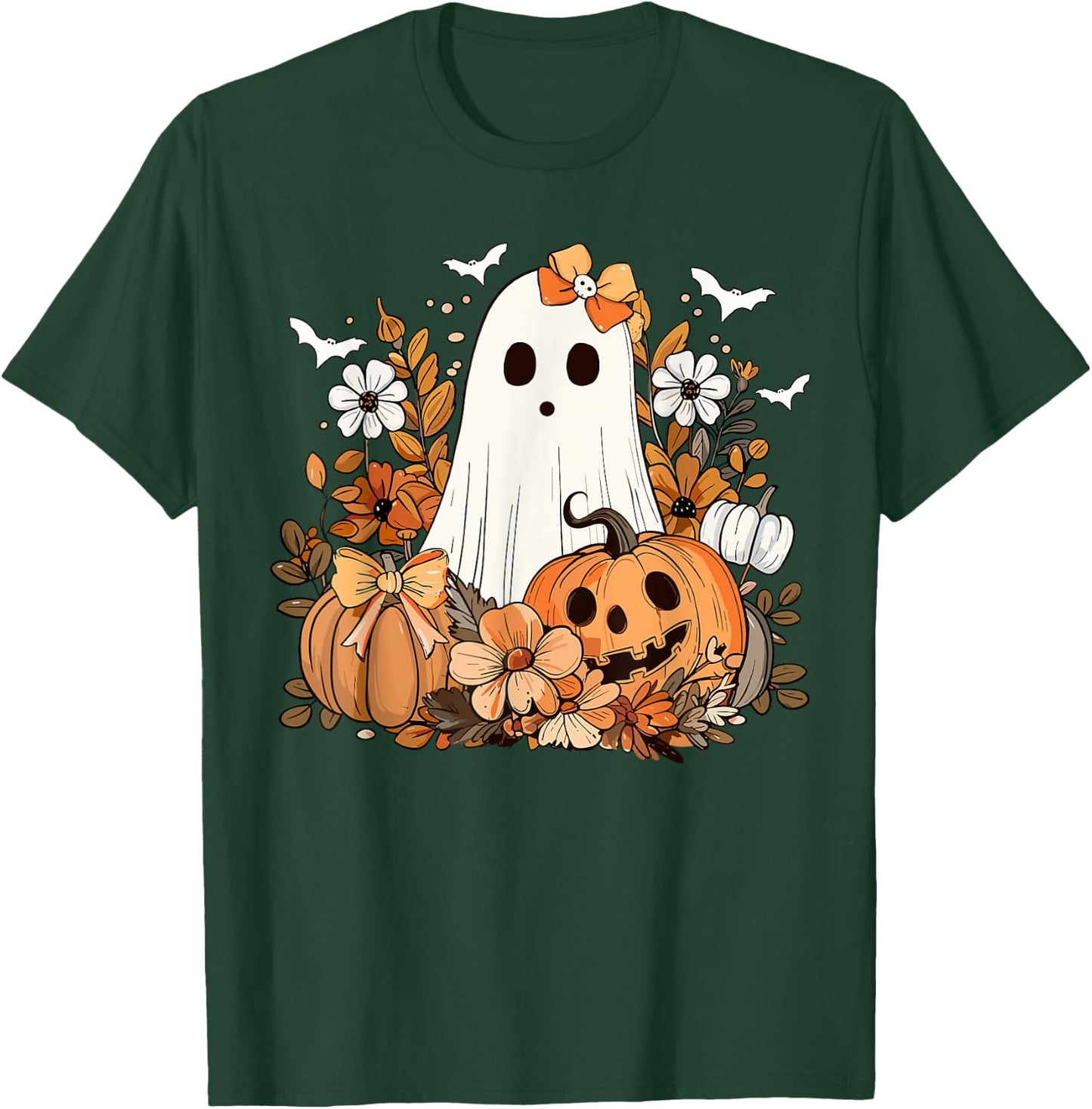 Retro Floral Ghost Cute Pumpkin Autumn Halloween Women Kids T-Shirt - T-Shirt | Forest