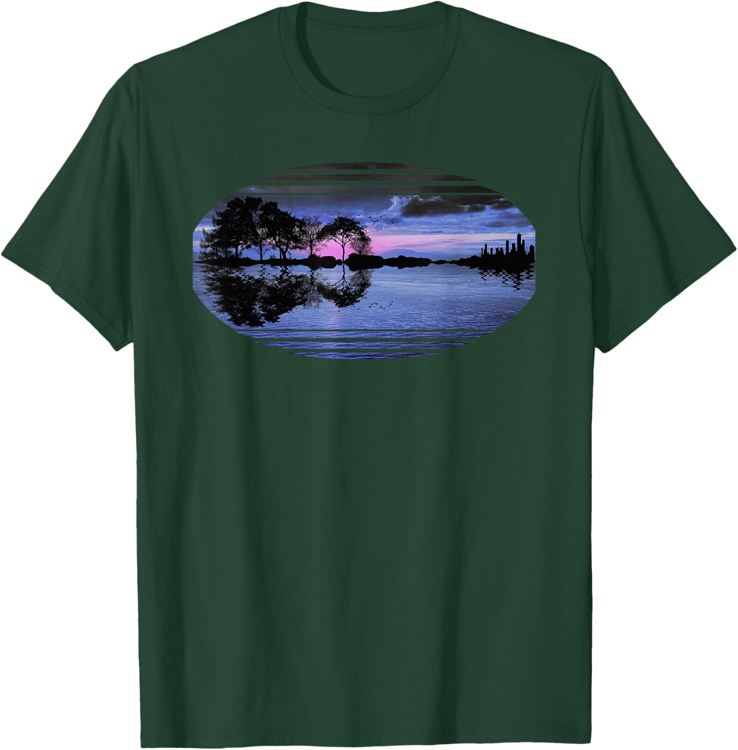 Guitar Sunset Sky Trees City Lake Reflection Stylish Design T-Shirt - T-Shirt | Forest