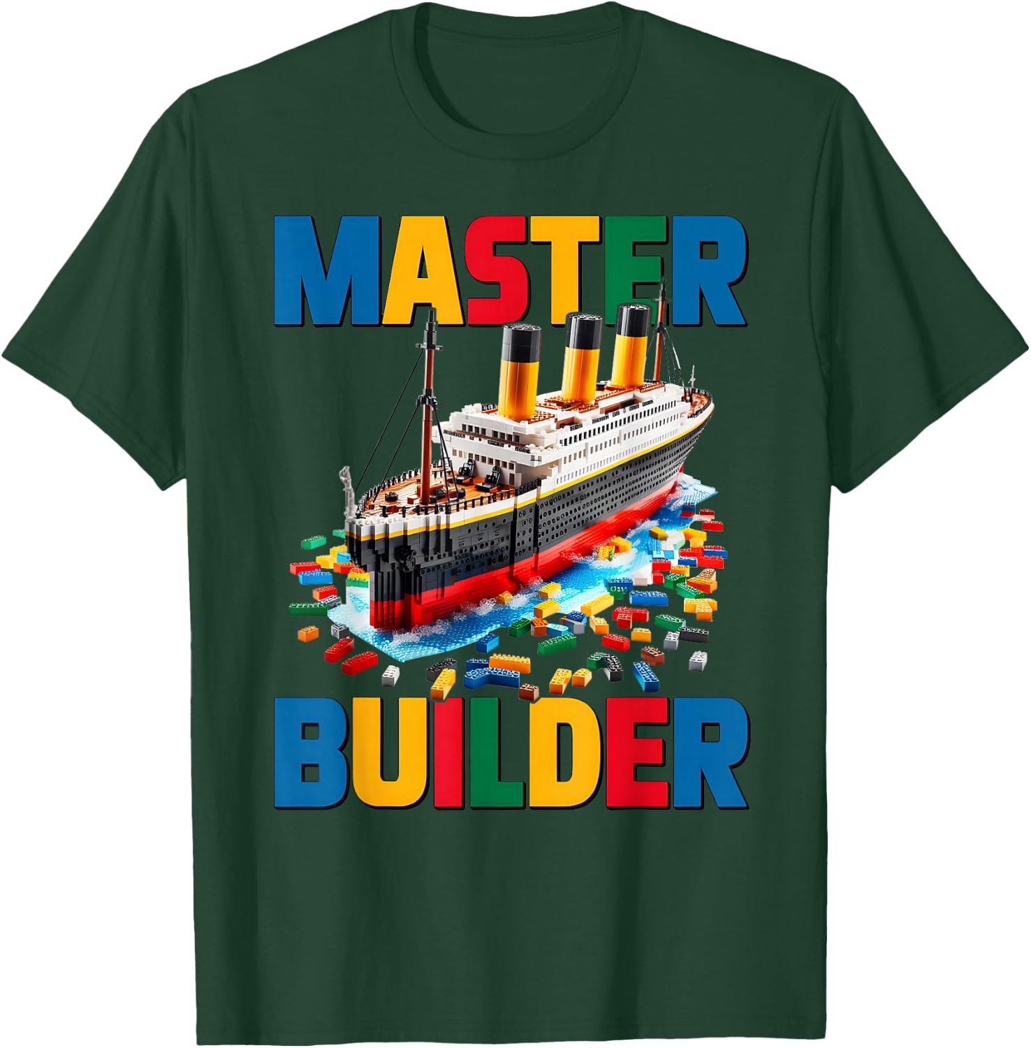 Master Builder Ship Kids Boys Toy Building Blocks Brick Fun T-Shirt - T-Shirt | Forest