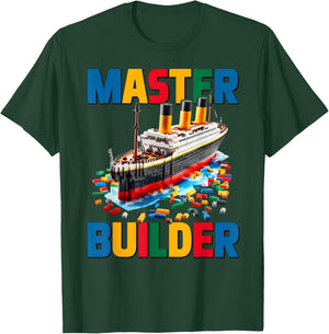 Master Builder Ship Kids Boys Toy Building Blocks Brick Fun T-Shirt - T-Shirt | Forest