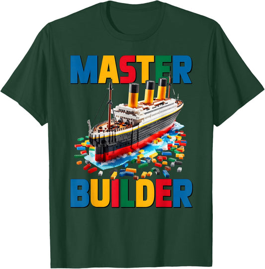 Master Builder Ship Kids Boys Toy Building Blocks Brick Fun T-Shirt - T-Shirt | Forest