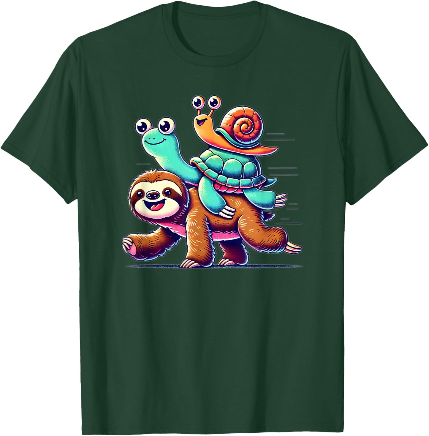 Sloth Turtle Snail Piggyback Animal Running Wild T-Shirt - T-Shirt | Forest