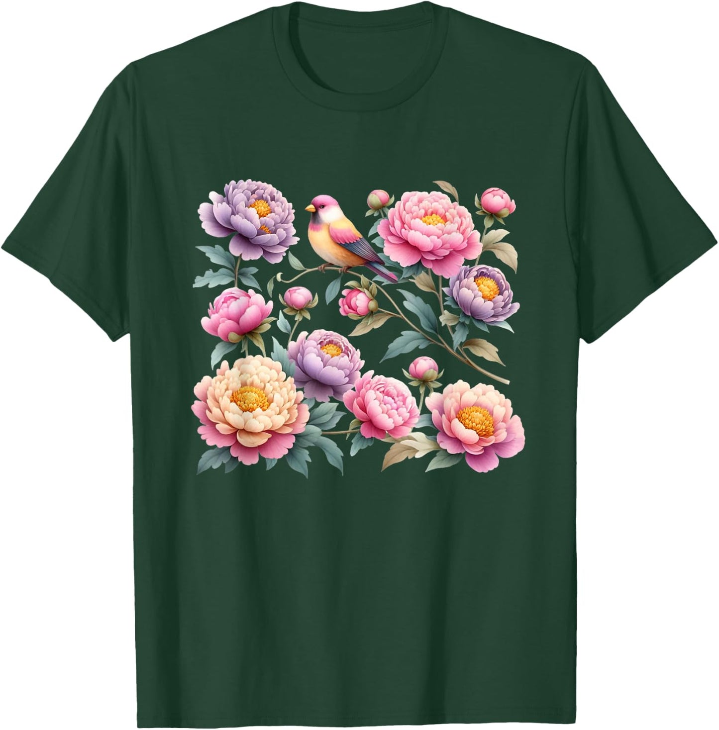 Beautiful Peonies Flowers Blossom Bird Nature Lover Gardener T-Shirt - T-Shirt | Forest