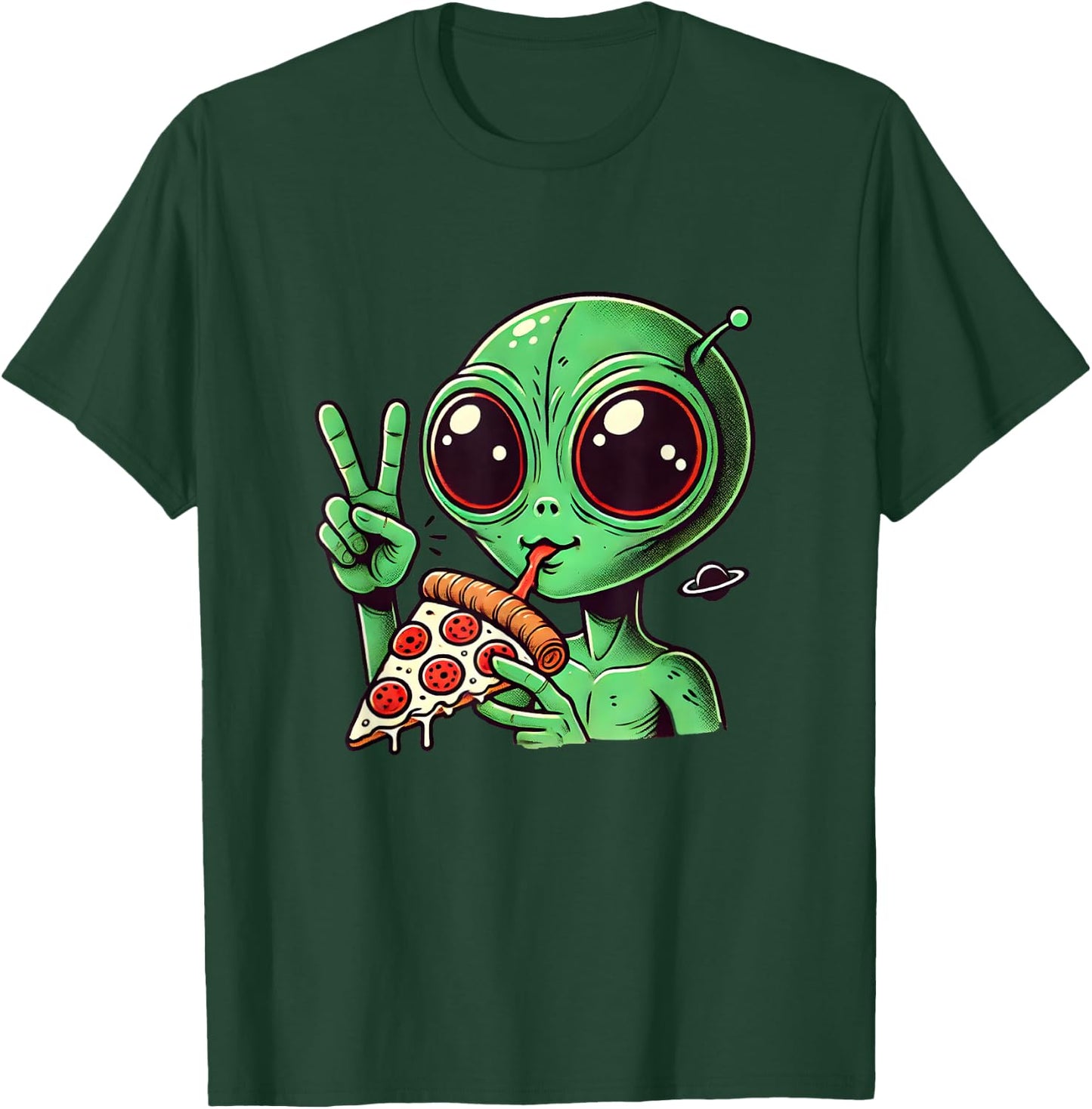 Funny Alien Head Eating Pizza UFO Extraterrestrial T-Shirt - T-Shirt | Forest