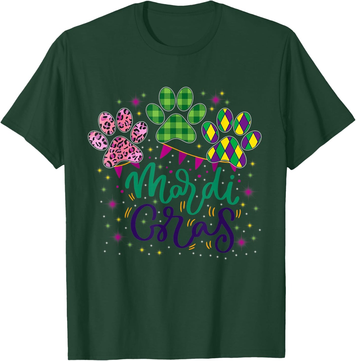 Leopard Print And Buffalo Plaid Dog Paw Mardi Gras Beads Men Women T-Shirt - T-Shirt | Forest