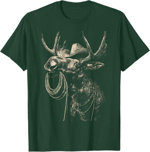 Rustic Moose with Cowboy Hat Lasso Western Animal Rodeo T-Shirt - T-Shirt | Forest
