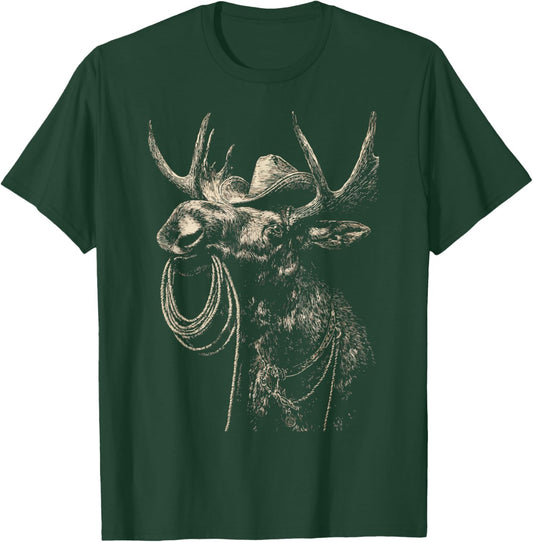 Rustic Moose with Cowboy Hat Lasso Western Animal Rodeo T-Shirt - T-Shirt | Forest