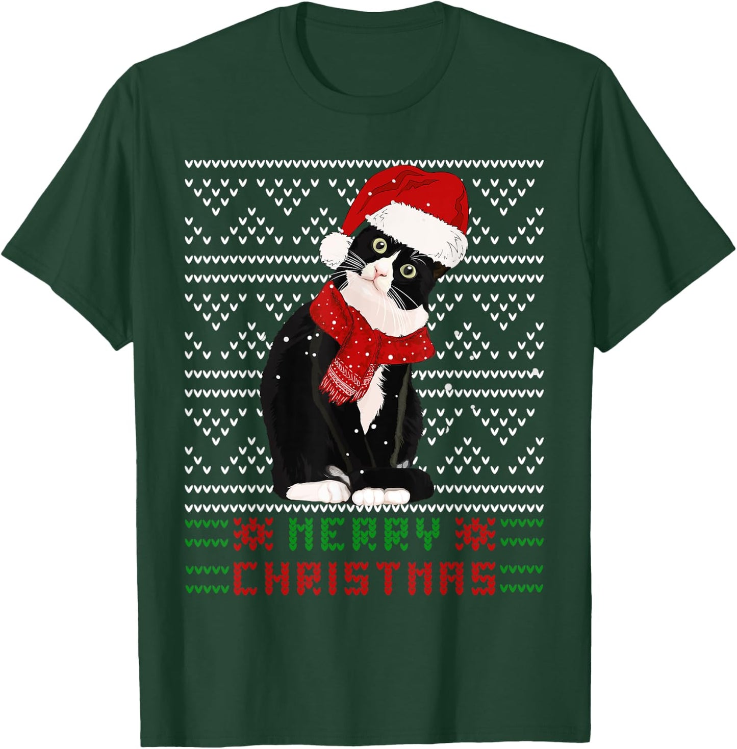 Ugly Christmas Black Cat Santa Hat Scarf Cute Tuxedo Cat Men Women Kids T-Shirt - T-Shirt | Forest