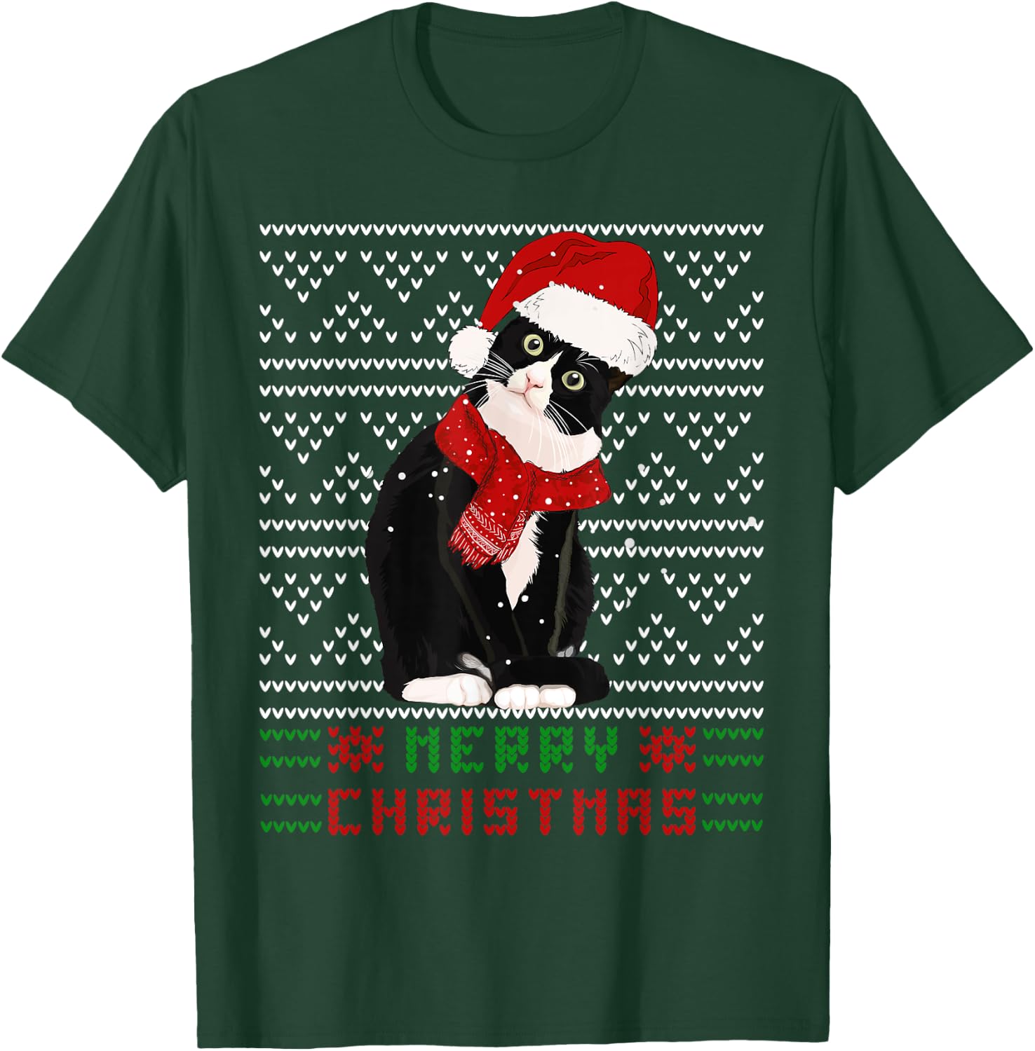 Ugly Christmas Black Cat Santa Hat Scarf Cute Tuxedo Cat Men Women Kids T-Shirt - T-Shirt | Forest