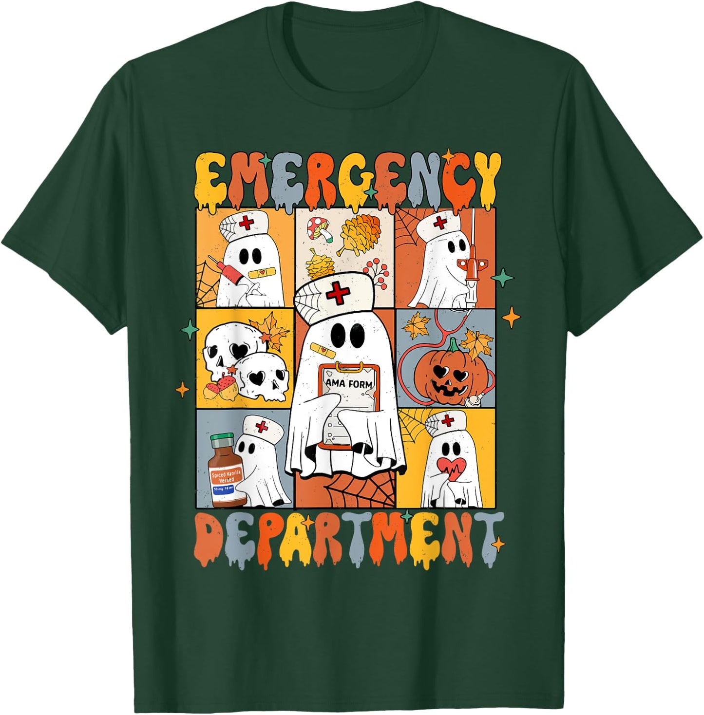 Emergency Department Halloween Cute Pumpkin Ghost ER Nurse T-Shirt - T-Shirt | Forest