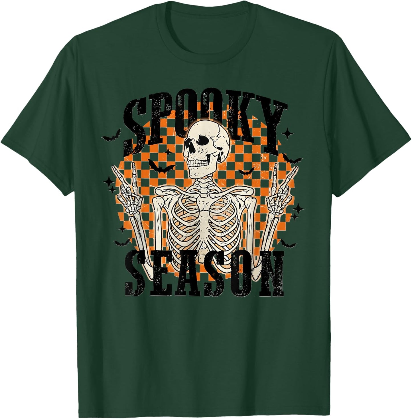 Spooky Season Skeleton Checkerboard Funny Halloween T-Shirt - T-Shirt | Forest