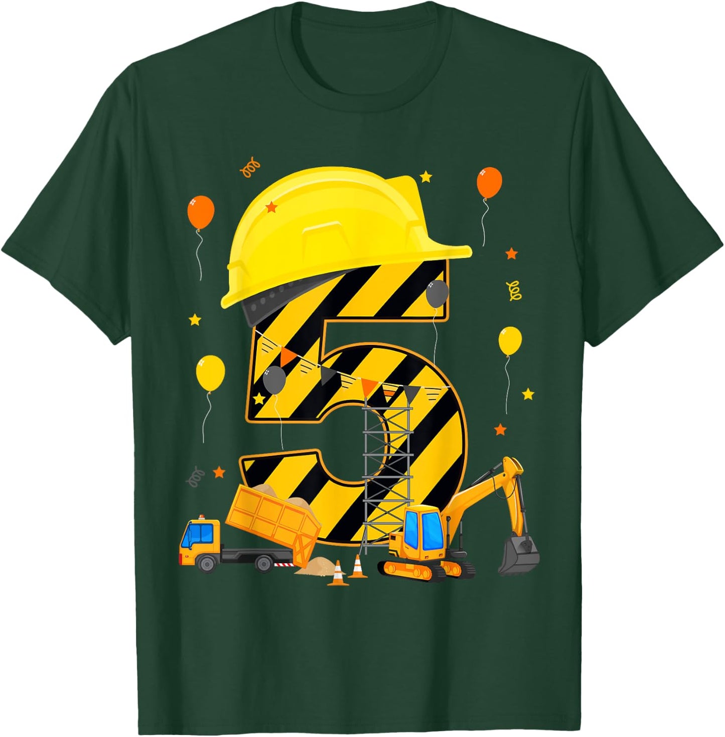 Five 5yr 5th Birthday Construction Vehicles 5 Year Old T-Shirt - T-Shirt | Forest