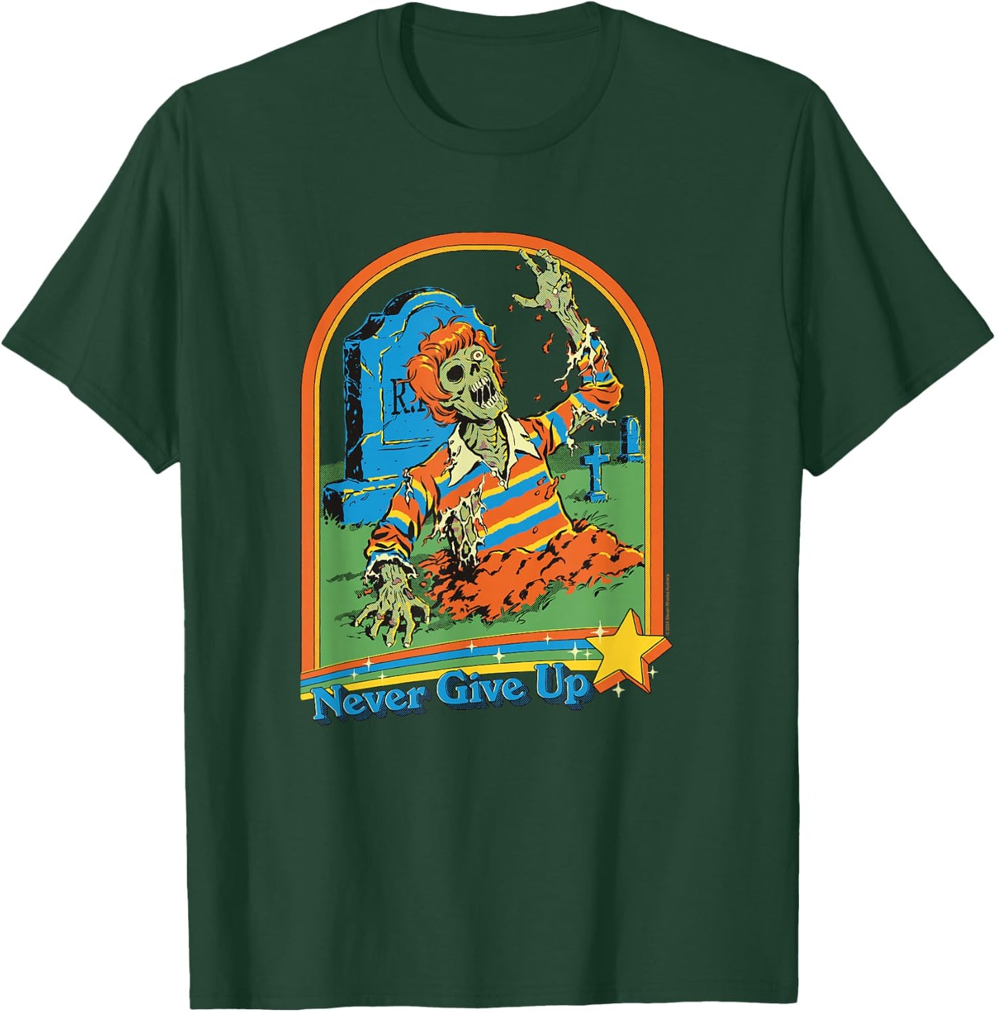 Steven Rhodes Never Give Up Zombie Rising Retro Dark Humor T-Shirt - T-Shirt | Forest