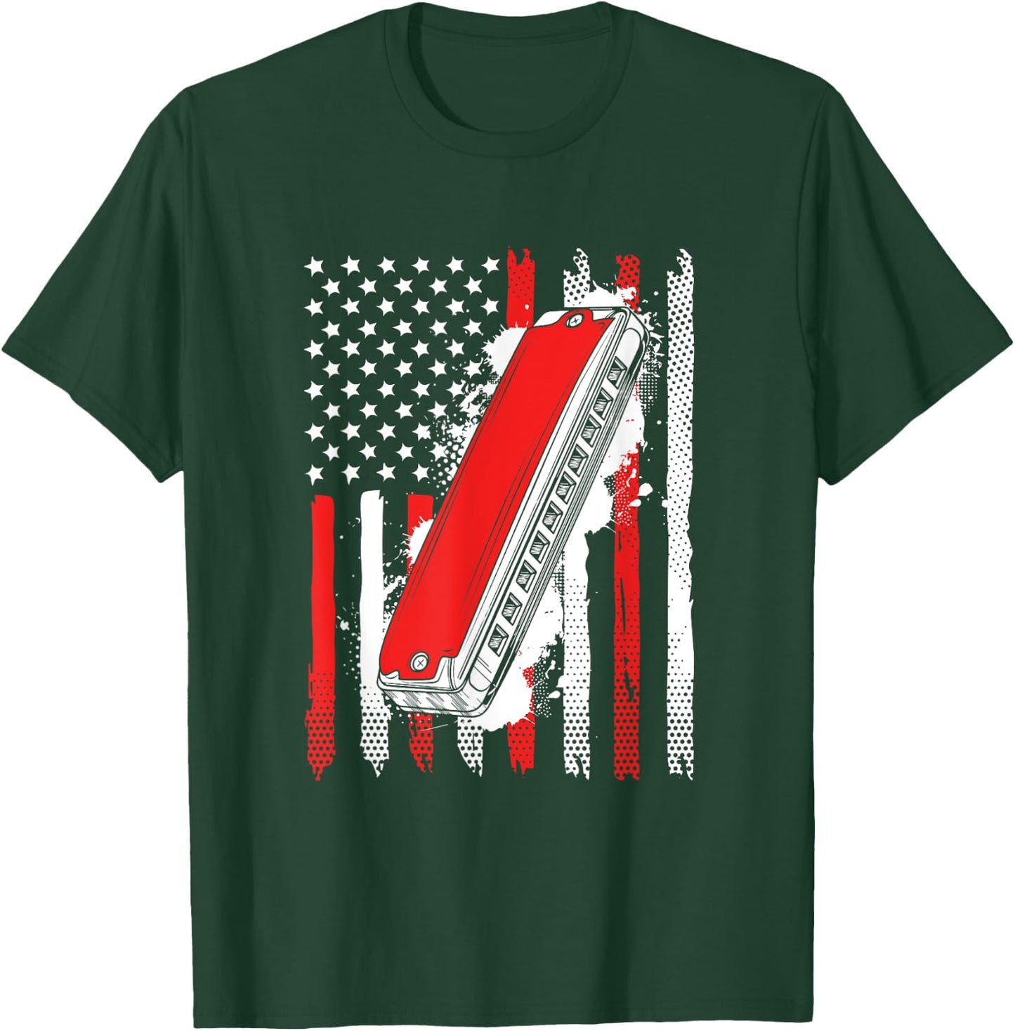 Grunge US Harmonica Flag Musical Instruments T-Shirt - T-Shirt | Forest