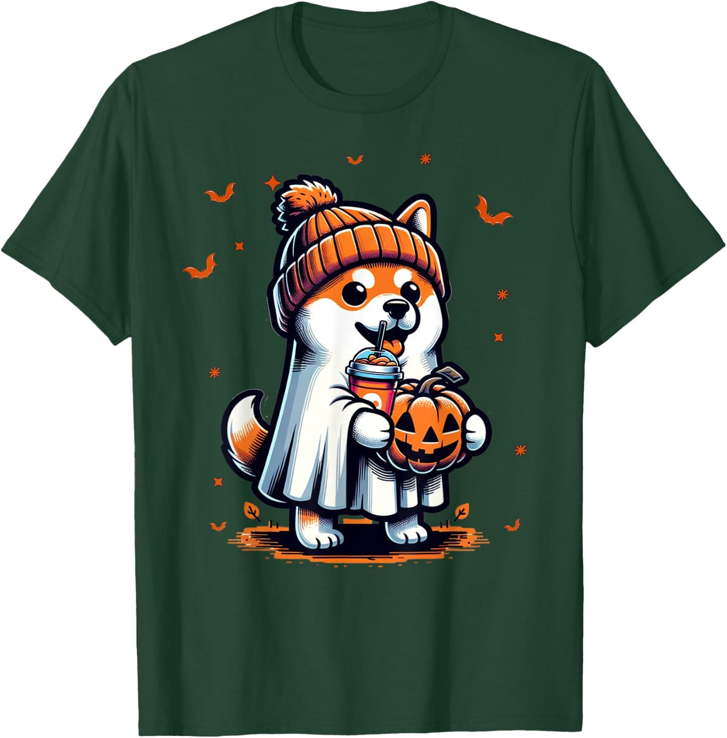 Ghost Shiba Inu Dog Pumpkin Drinks Beanie Fall Halloween Women Kids T-Shirt - T-Shirt | Forest