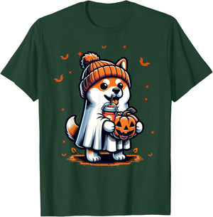 Ghost Shiba Inu Dog Pumpkin Drinks Beanie Fall Halloween Women Kids T-Shirt - T-Shirt | Forest