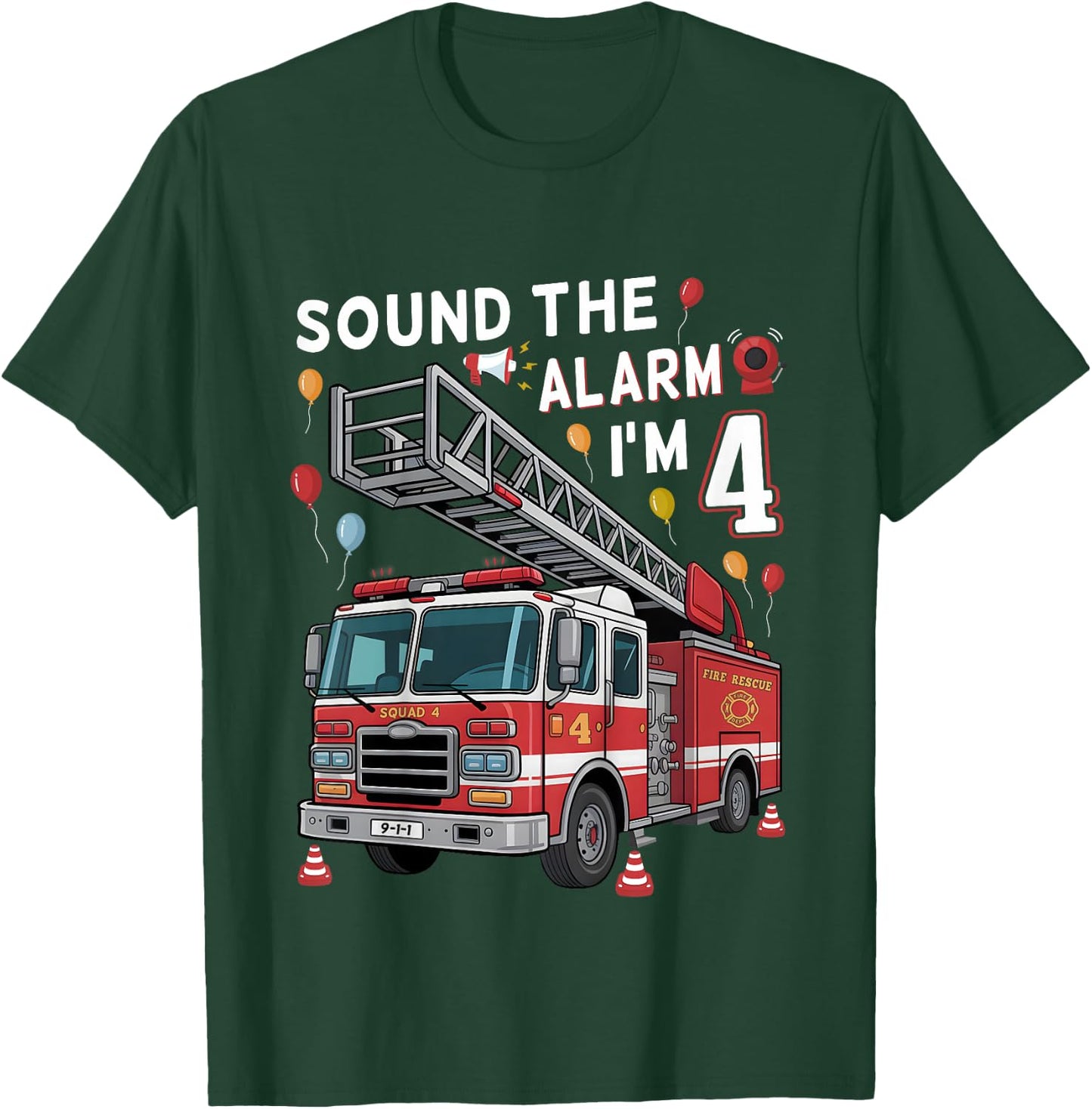 4th Birthday Boy Fire Truck 4 Year Old Boy Girl Firefighter T-Shirt - T-Shirt | Forest