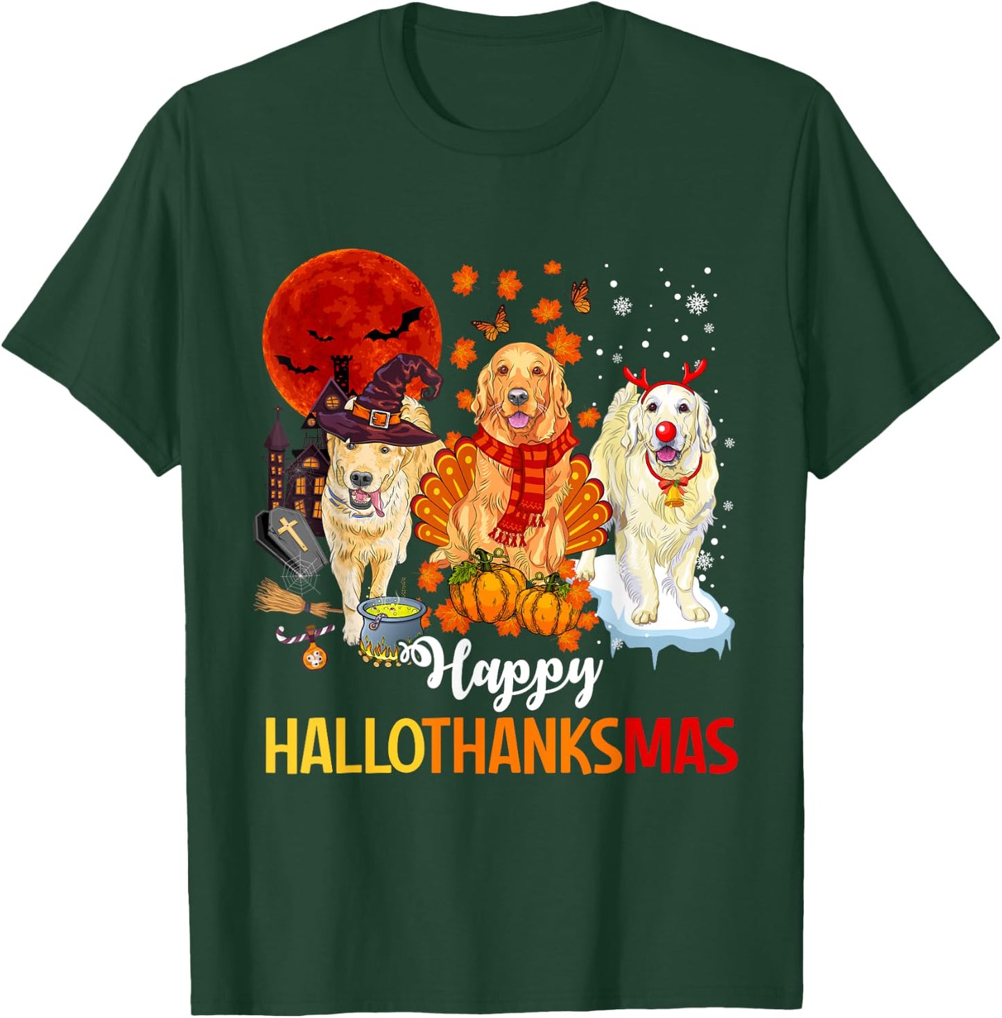 Golden Retriever Happy Hallothanksmas Halloween Thanksgiving T-Shirt - T-Shirt | Forest