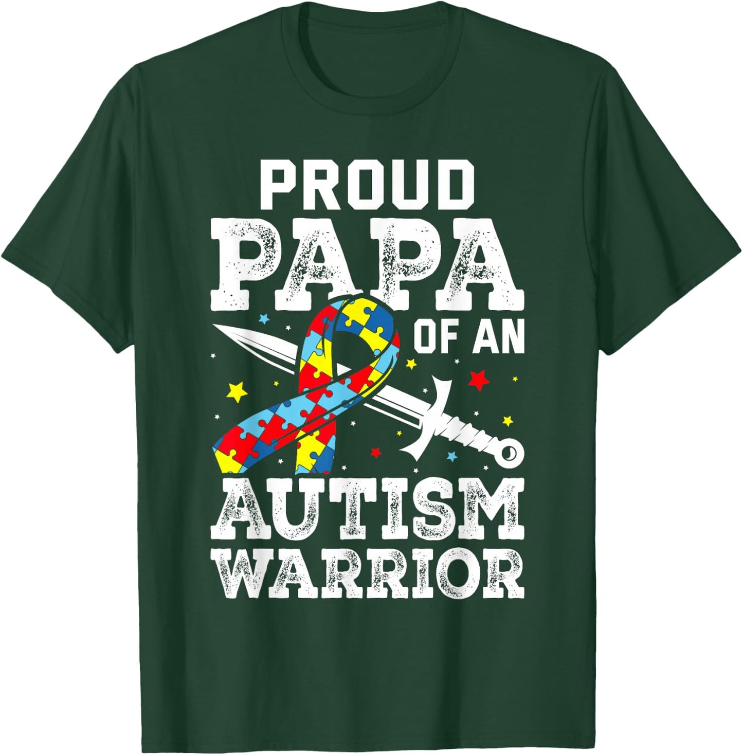 Proud Papa Of An Autism Warrior Awareness Ribbon Father T-Shirt - T-Shirt | Forest