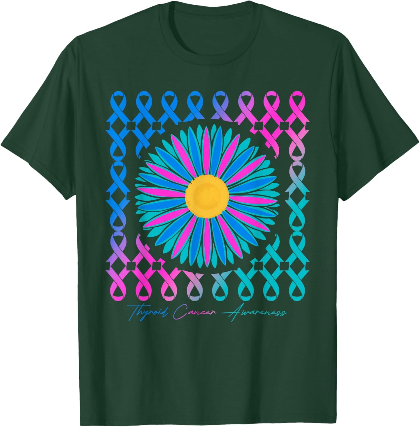 Thyroid Cancer Awareness Teal Pink Blue Ribbons T-Shirt - T-Shirt | Forest