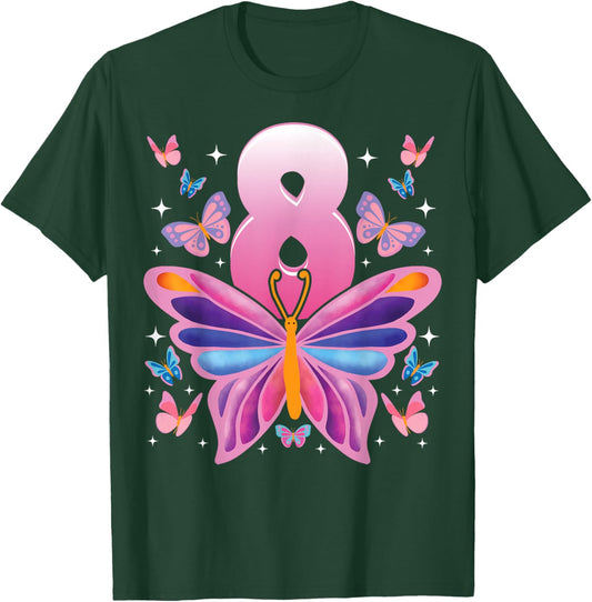 Kids 8 Years Old Cute Butterfly 8th Birthday Celebration T-Shirt - T-Shirt | Forest