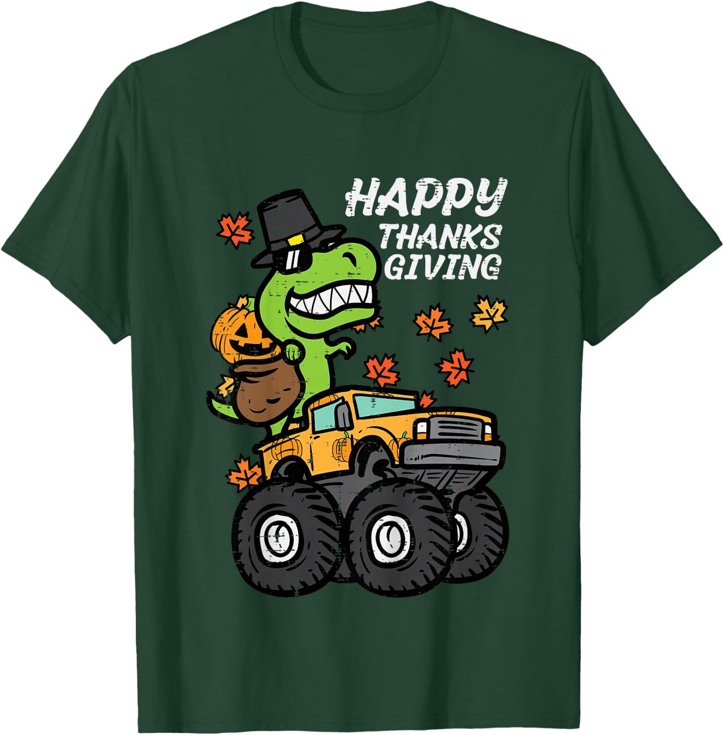 Kids Happy Thanksgiving Trex Monster Truck Fall Toddler Boys Kids T-Shirt - T-Shirt | Forest