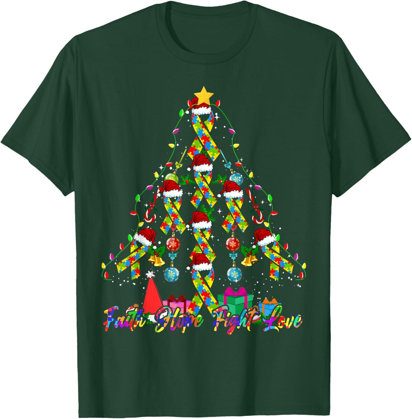 Santa Puzzle Ribbon Christmas Tree Autism Awareness T-Shirt - T-Shirt | Forest