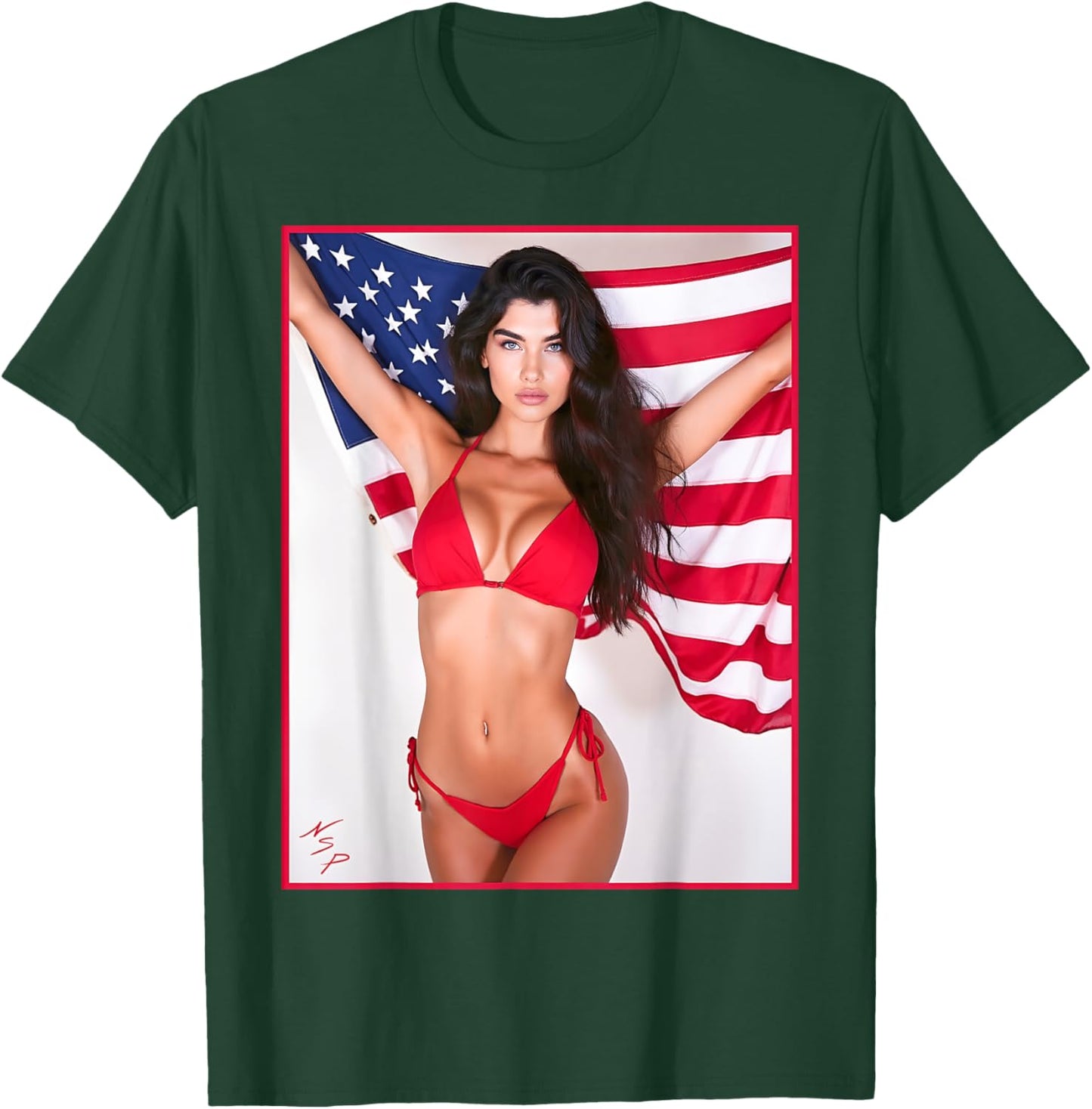 Hot Babe - Beautiful Bikini Girl with American Flag T-Shirt - T-Shirt | Forest