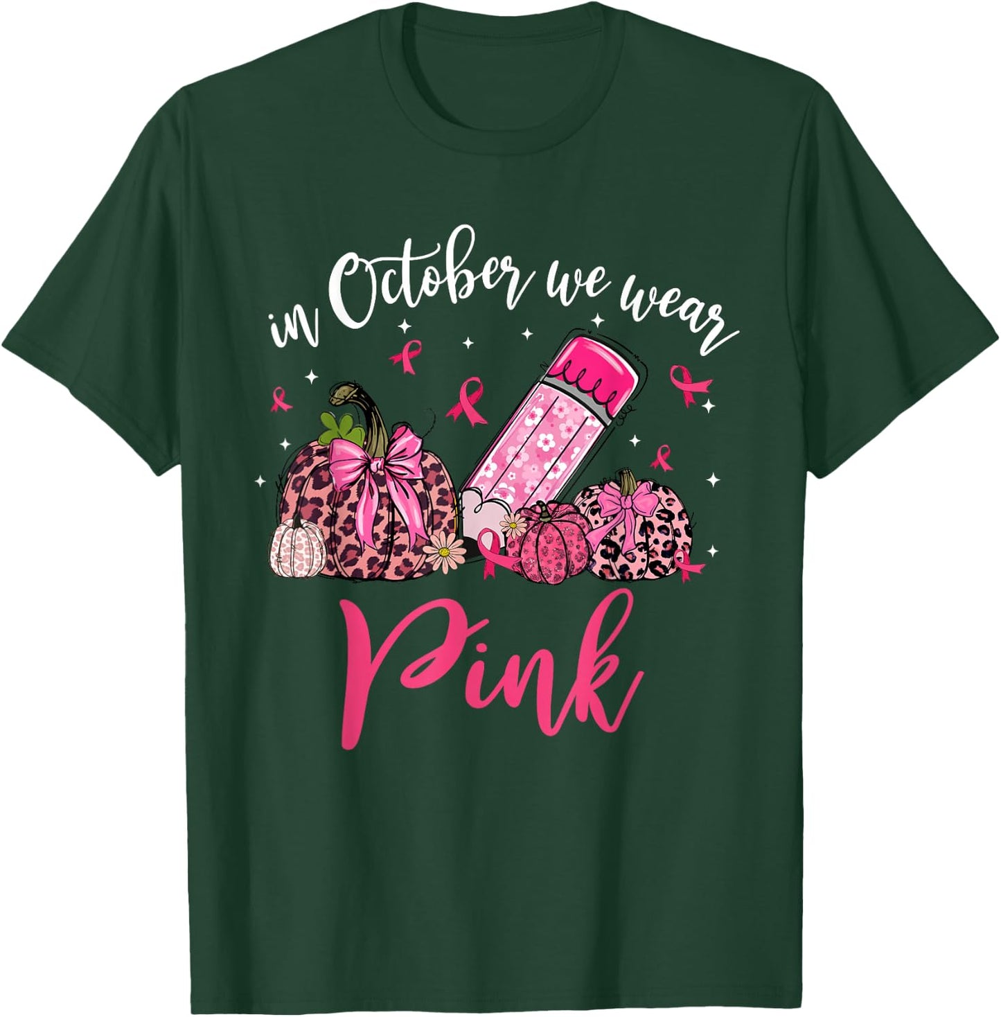 In October We Wear Pink Apple Teacher Daisy Breast Cancer T-Shirt - T-Shirt | Forest